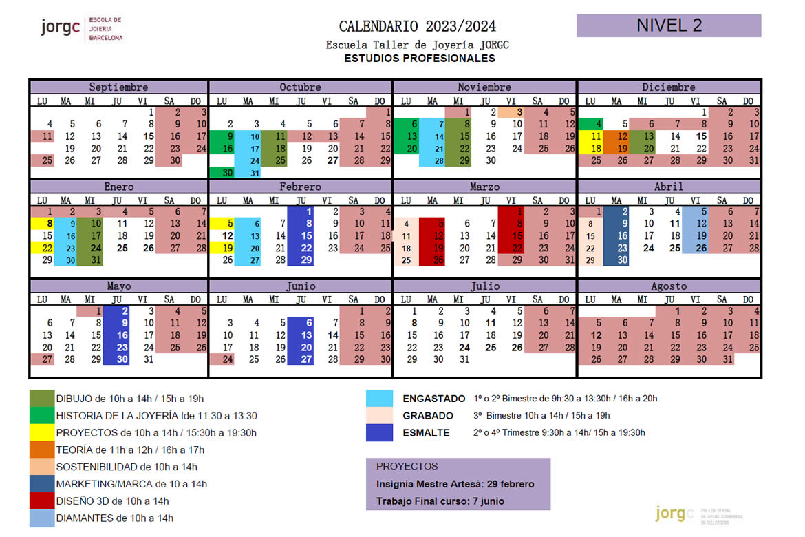 Calendario Estudios Profesionales | Nivel 2 (2023-24)