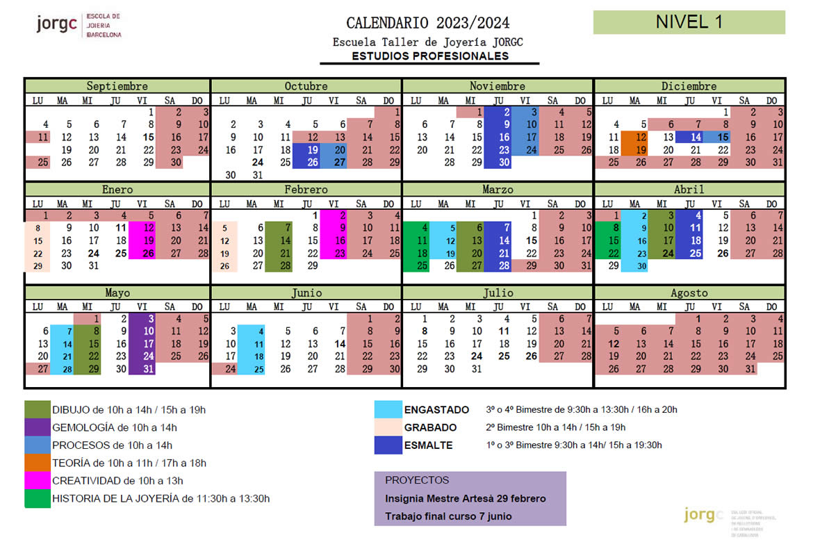 Calendario Estudios Profesionales | Nivel 1 (2023-24)